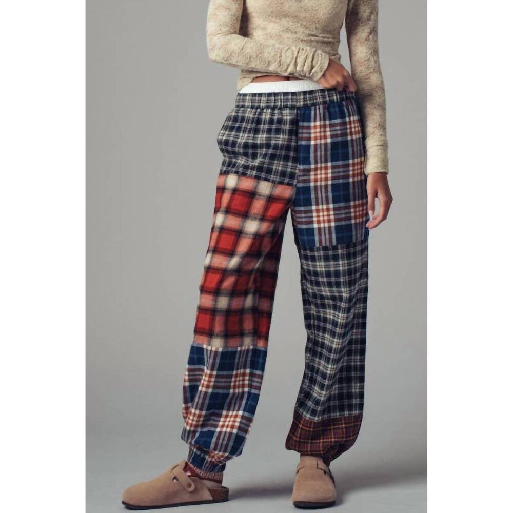 NEW URBAN DAIZY mixed plaid patchwork boho jogger pants in multi